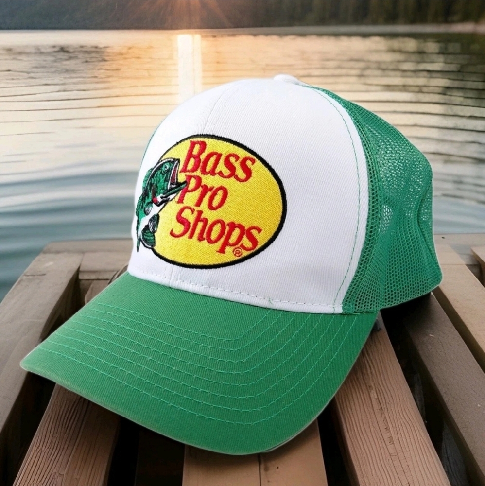 Bass Pro Shops Trucker Hat Cap Green White Embroidered Logo Snapback Outdoors